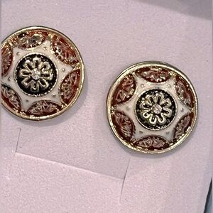 Vintage Marlyn Schiff Enamel Button Pierced Earrings-Signed- rhinestone center
